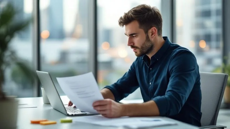 Mann studiert Weiterbildungsunterlagen an einem Schreibtisch in einem modernen Büro in Ludwigshafen